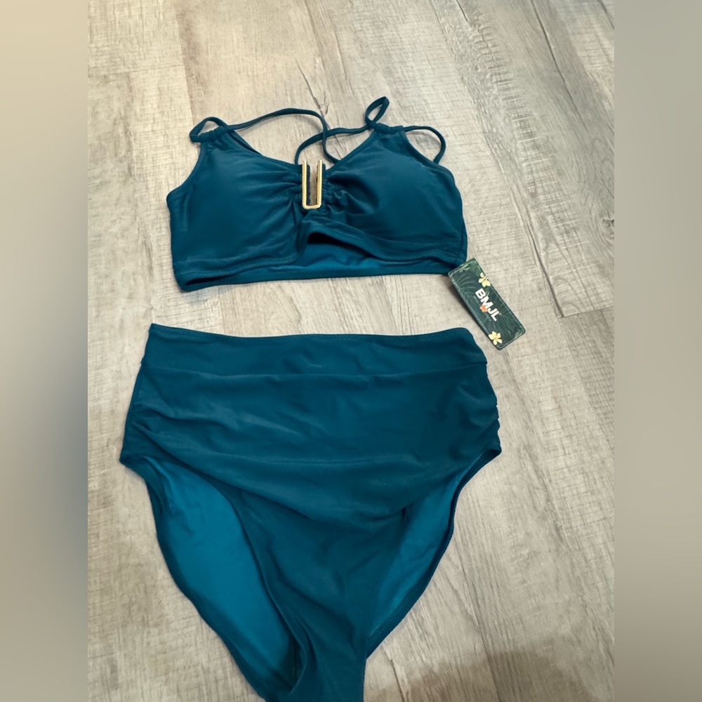 Blue High-Waisted Bikini Set with Ruched Details